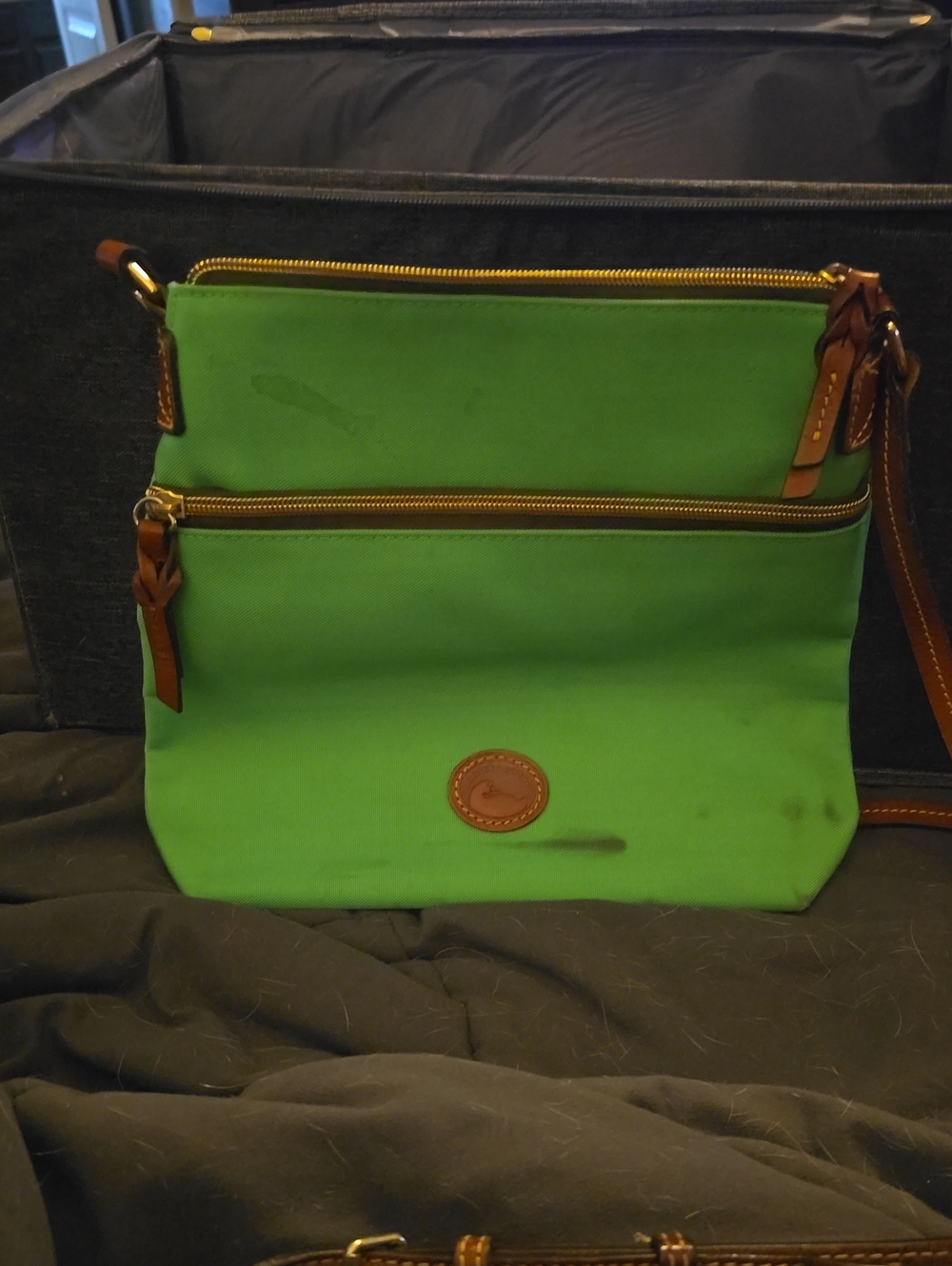 Dooney & Bourke Green Crossbody with Brown Leather Trim and Gold Hardware